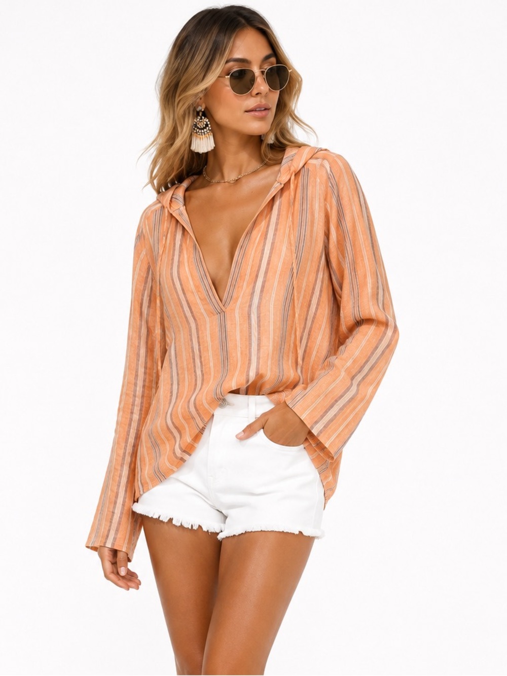 Theory Top M Medium Linen Stripe Long Sleeve Fall Hoodie Orange White Women’s